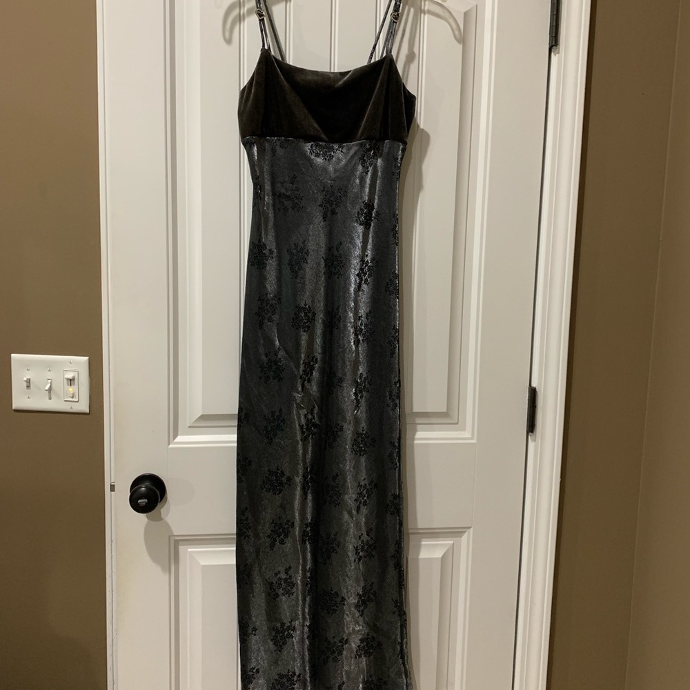 Pewter spaghetti strap evening gown